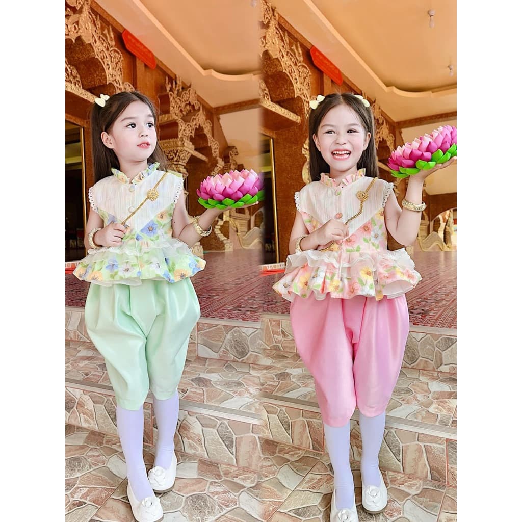 ชุดไทยเด็ก สีพาสเทล ลายดอกไม้ แต่งระบาย รูปที่ 4