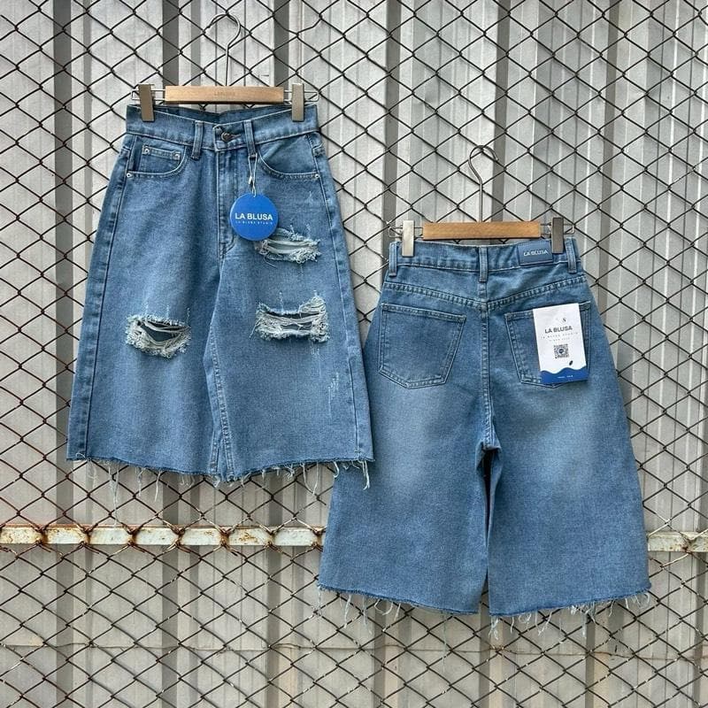 LABLUSA - LBS326 : กางเกงยีนส์ขา 4 ส่วน แต่งขาดเซอร์ วินเทจ รูปที่ 8