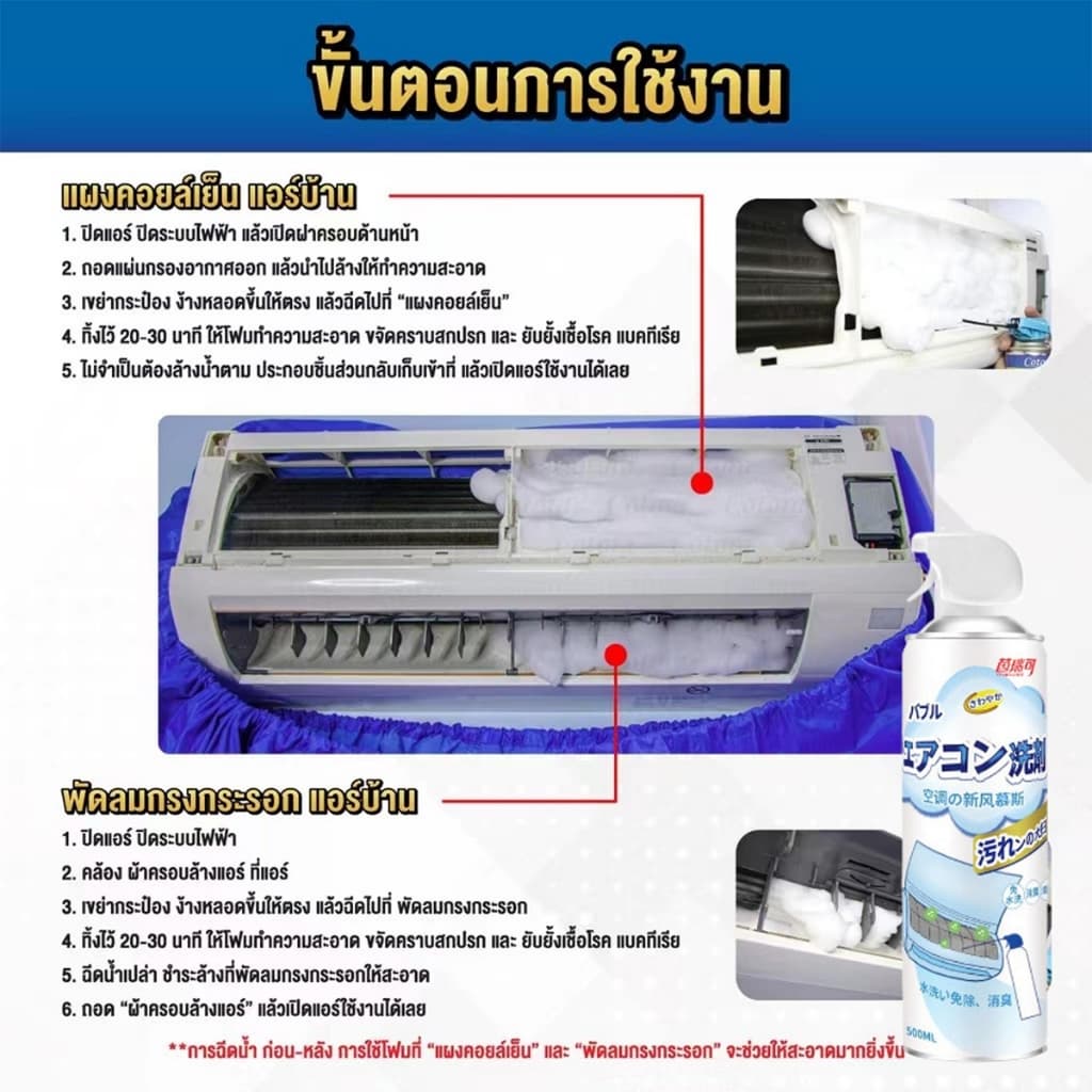 โฟมล้างแอร์ 500ml แถมถุงน้ำกับแปรง ทำความสะอาดคราบสกปรกภายในและภายนอกแอร์ ฆ่าเชื้อและขจัดกลิ่น รูปที่ 7