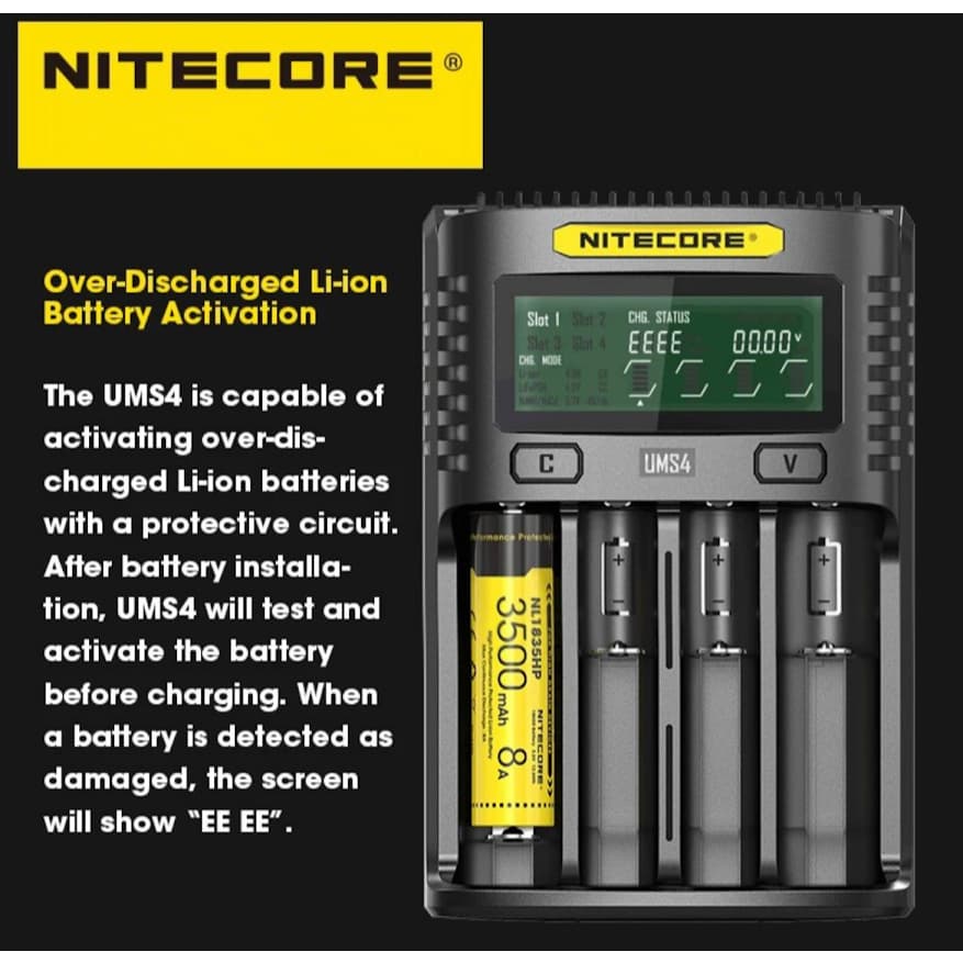 NITECORE UMS4 สี่ช่องแบตเตอรี่อัจฉริยะ USB-C 4A QC Fast CHARGING ที่ยอดเยี่ยมสําหรับ 18650 14500 26650 21700 AA AAA รูปที่ 4