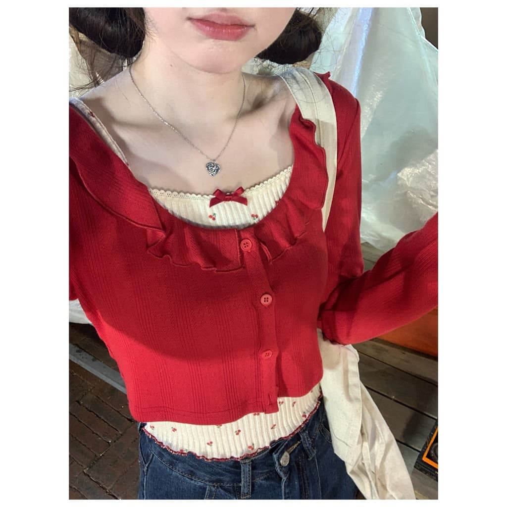 Cicishop Set 2 ชิ้น สายเดี่ยว+เสื้อคลุมลายน้องเชอร์รี่ สดใส ซุกซน ขี้เล่น สไตล์เกาหลี รูปที่ 9