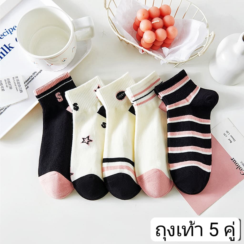 เช็ท5 คู่ ถุงเท้าหญิงลายน่ารัก ถุงเท้าแฟชั่นสีชมพู ผ้าเนื้อนุ่มใส่สบาย 35-38 ใส่เที่ยว ใส่เล่นกีฬา รูปที่ 9