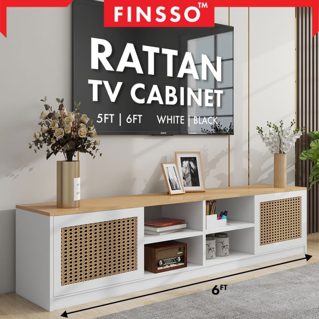 สินค้ามาใหม่ FINSSO: ชั้นวางทีวี ตู้ทีวี สไตล์ Minimal เรียบหรู เหมาะสำหรับห้องนั่งเล่น Rattan TV Cabinet รูปที่ 4