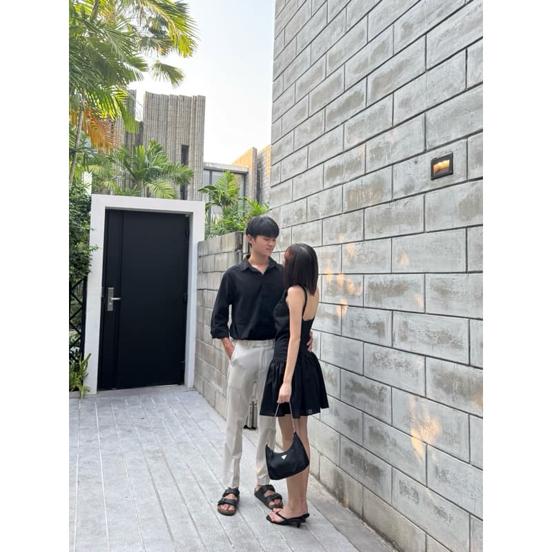 2pcs - Couple Dobby Mini Dress เสื้อคู่มินิเดรส (มินิเดรส + เสื้อเชิ้ตผู้ชายแขนยาว ผ้าคอตตอนทอลาย) รูปที่ 3