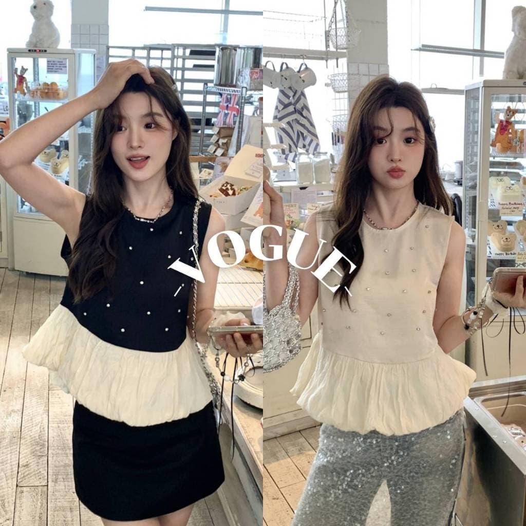 Vogue เสื้อกล้ามไหมพรม คอกลม ดีเทลแต่งปลายสีครีม รูปที่ 1