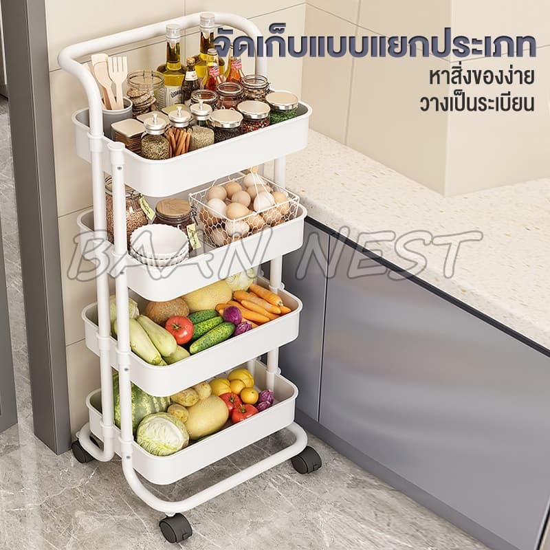 ชั้นวางของ3ชั้น พร้อมล้อเลื่อน+ที่จับ รถเข็นอาหาร Rolling Cart Shelf ชั้นวางโครงเหล็กกันสนิม รูปที่ 6