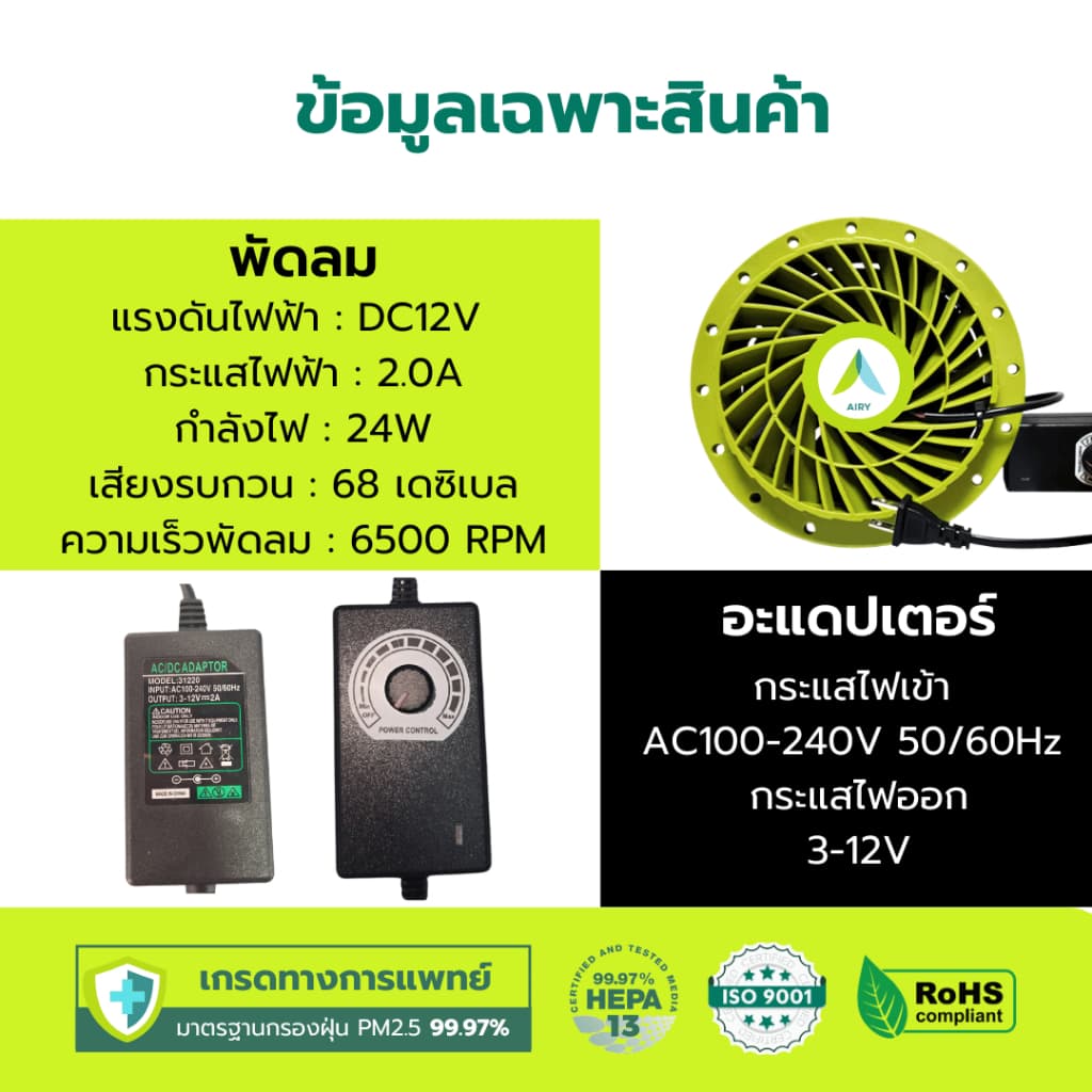 เครื่องฟอกอากาศ DIY ใช้แทนเครื่องฟอกอากาศMI พร้อมอแดปเตอร์ ปรับความเร็วลมได้ ไส้กรองอากาศ ไส้กรอง รูปที่ 3