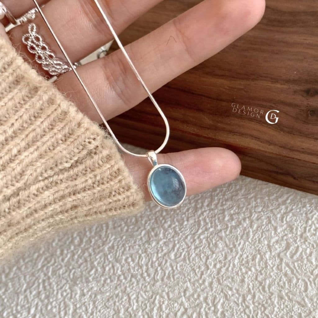 GLAMORสร้อยเงินแท้ Blue Tears สร้อยคอเงิน 925 พร้อมจี้ Aquamarine สไตล์เกาหลี รูปที่ 2