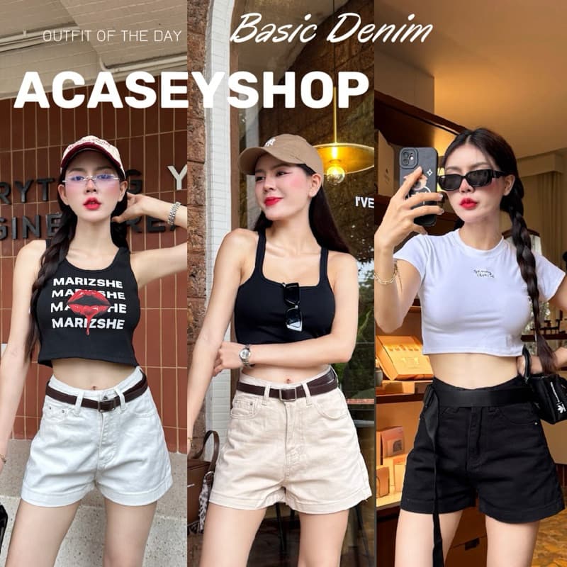 Acasey กางเกงยีนส์ผู้หญิง ขาสั้น ผ้ายีนส์ไม่ยืด ป้าย vintage ใส่สบาย ไซส์ S - XL รุ่น vintage Short รูปที่ 1