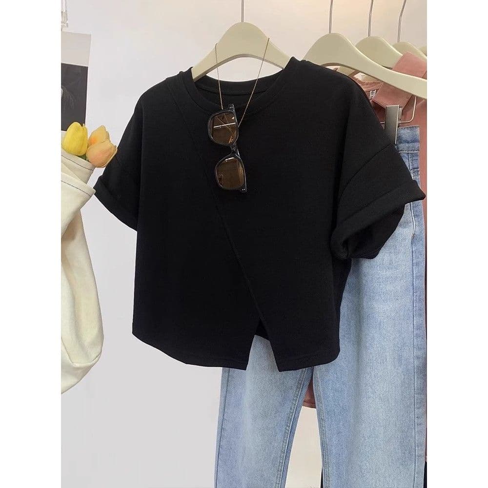 เสื้อครอปน่ารักสไตล์มินิมอลสไตล์เกาหลี สีพื้น oversize เสื้อผ้าสาวอวบไซส์ใหญ่ เสื้อยืดสวยๆผู้หญิงฤดูร้อนแฟชั่นมาใหม่ 3XL รูปที่ 7