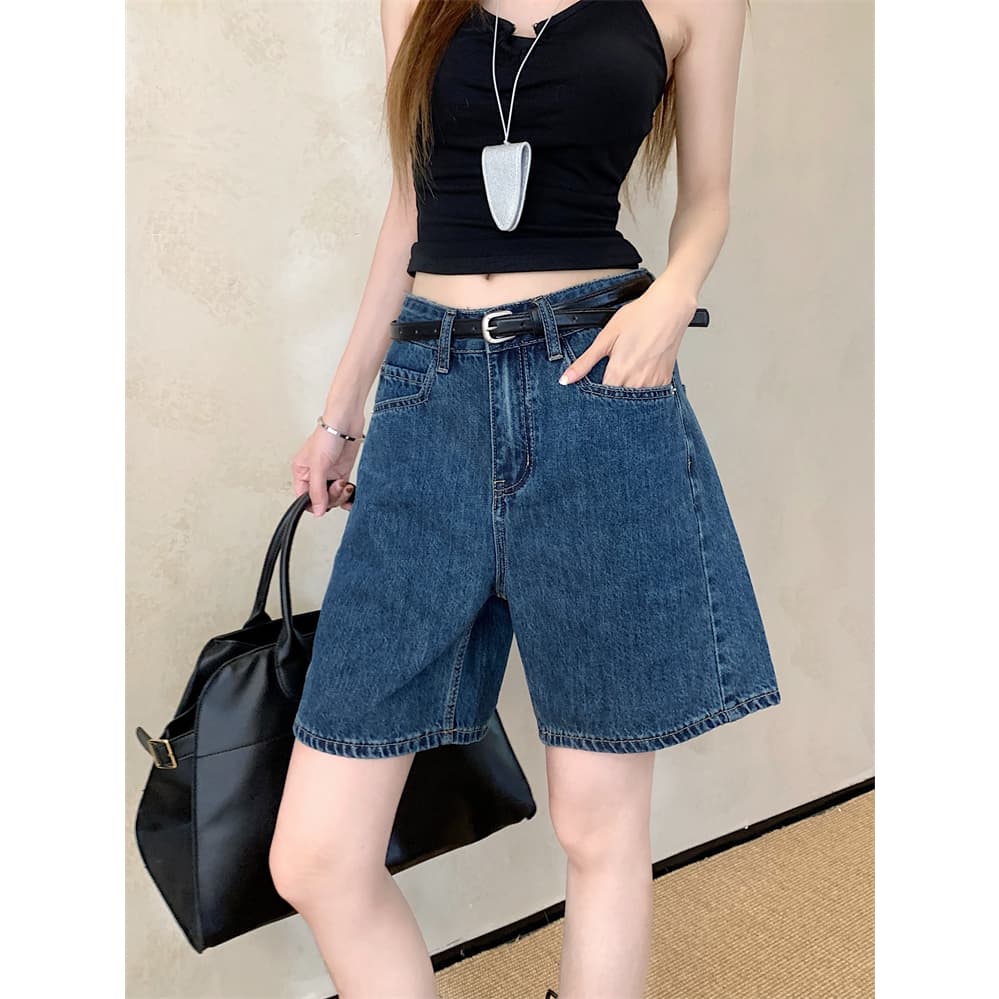 YODO กางเกงยีนส์สั้นทรงA-line สีน้ำเงินวินเทจตัวเล็กเอวสูงดูผอมหลวม กางเกงยาวปานกลาง5ส่วน#6607 รูปที่ 3