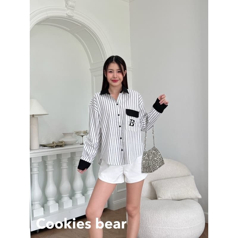 M03 - Cookies Bear เสื้อเชิ้ตโอเวอร์ไซส์แขนยาว B ตัดขอบสีปกแขนกระเป๋าโค้ง รูปที่ 4