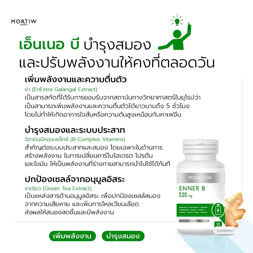 MORTIW หมอทิว ENNER B กระปรี้กระเปร่า เพิ่มพลังงาน ชูกำลัง เพิ่มแรง เอ็นเนอบี 30 แคปซูล 520 mg. รูปที่ 2