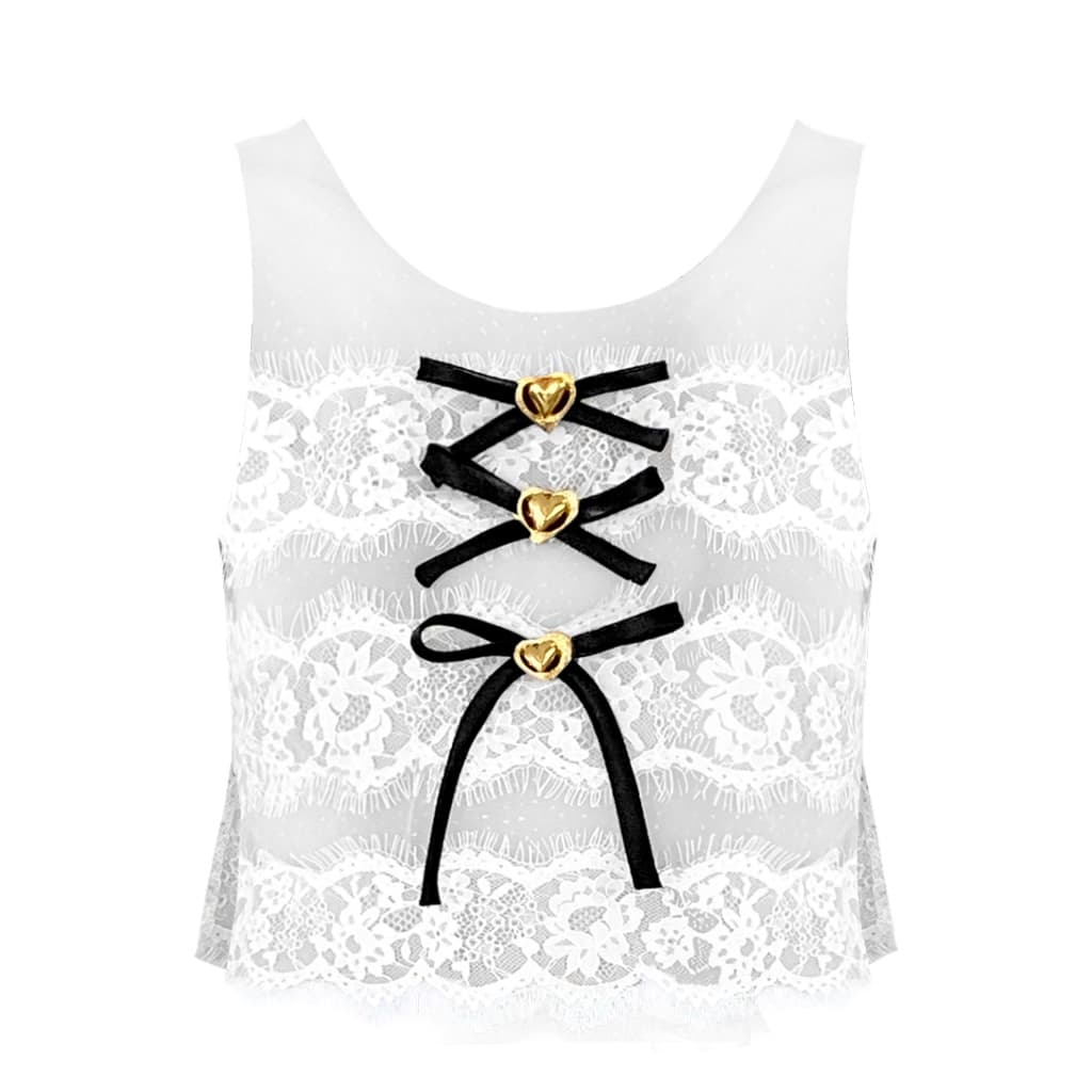 LUCA STUDIO_Karina crop top - เสื้อครอปผ้าตาข่ายแขนกุด ซ้อนด้วยผ้าลูกไม้ ตกแต่งโบว์และกระดุมหัวใจ รูปที่ 7
