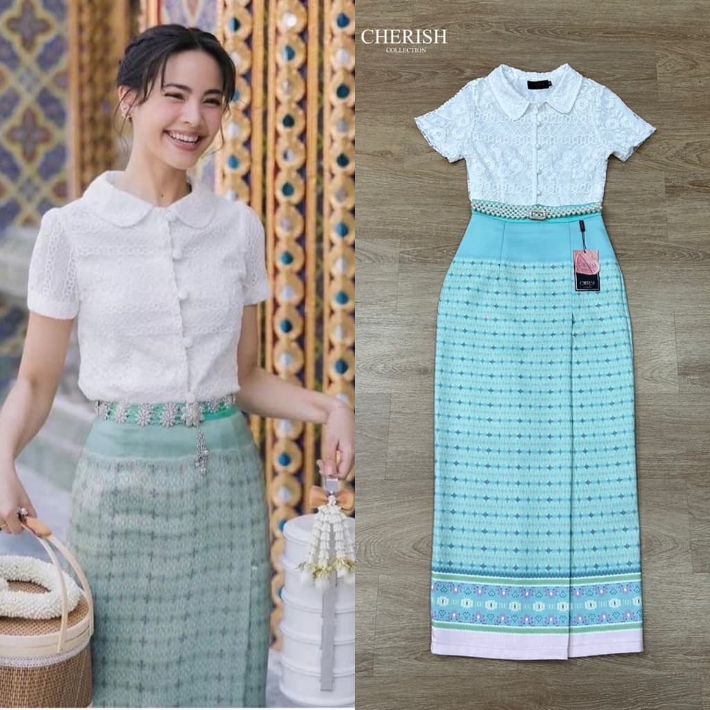 ร้านโค้ดคุ้ม Cherish ชุดไทย ฟ้า ชมพู ขาว เหลือง เสื้อคอวี ผ้าถุงสำเร็จ ใส่ออกงาน งานบุญ งานบวช รูปที่ 8