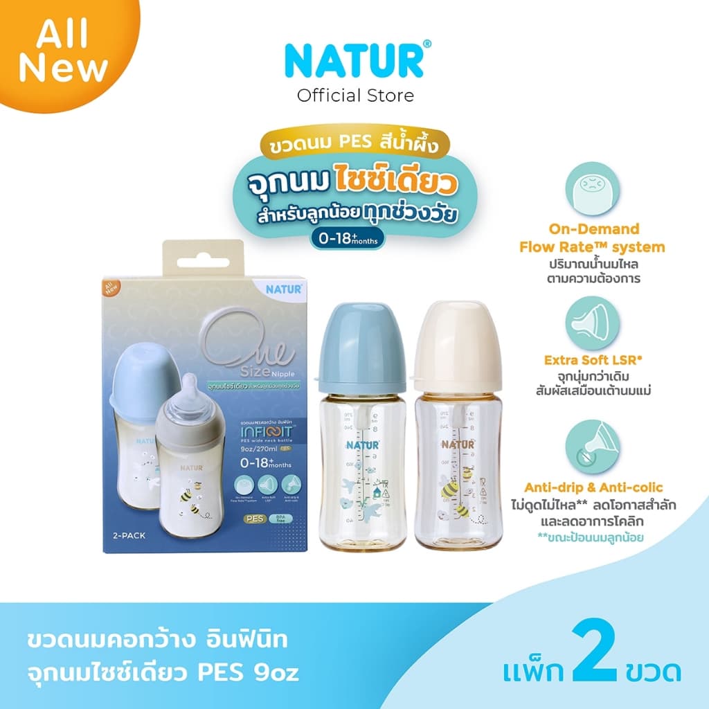 NATUR เนเจอร์ INFINIT ขวดนมอินฟินิท ขวดนมเด็ก ขวดนมสีชา PES 9oz แพ็ก 2 พิมพ์ลาย รูปที่ 1