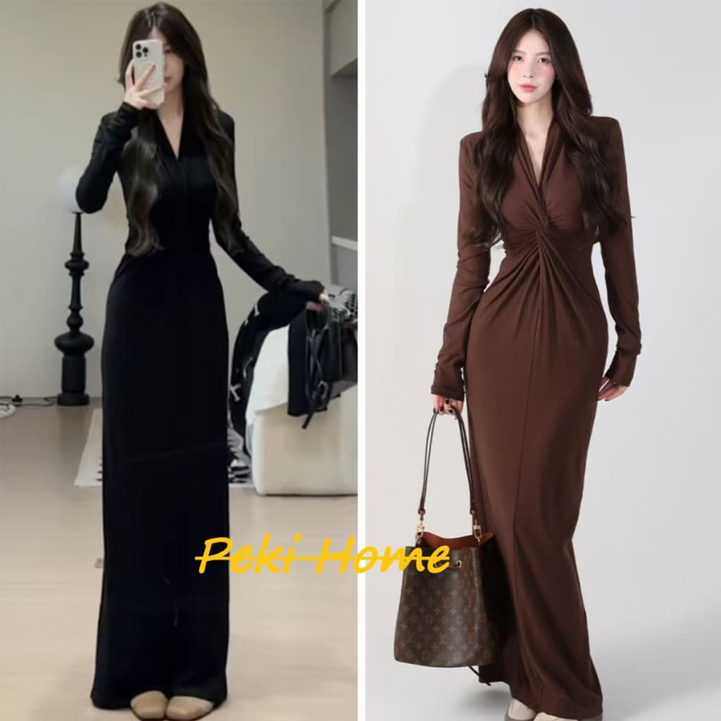 เดรสแขนยาวใหม่ล่าสุด คอวีผูกเกลียว สไตล์หรูหรา รูปที่ 1