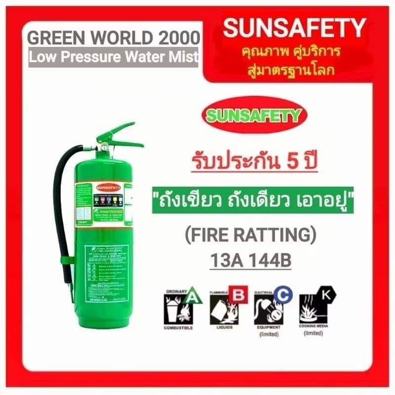 SUNSAFETY ถังดับเพลิงสีเขียว GREEN WORLD 2000 ชนิดเคมีน้ำสูตรแรงดันต่ำ Low Pressure Water Mist รับประกัน 5 ปี. รูปที่ 4