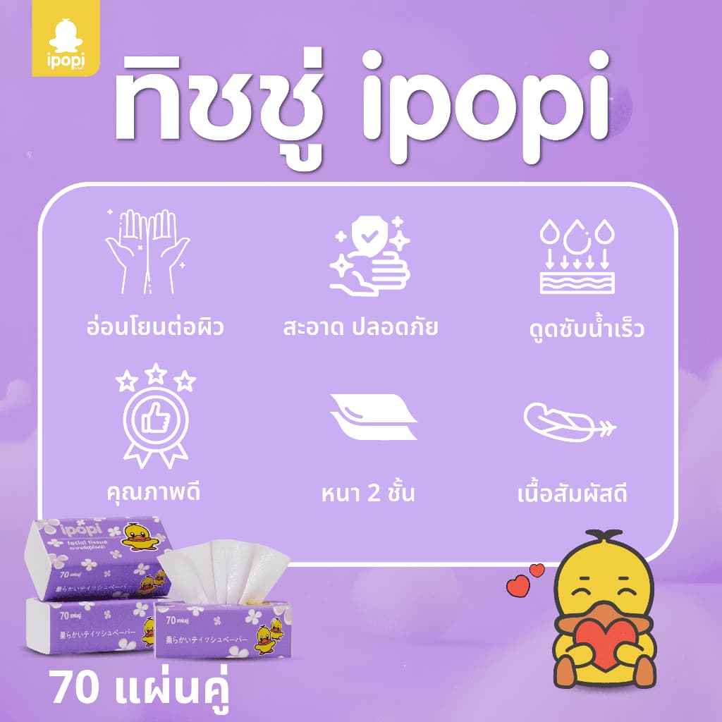 ipopi กระดาษทิชชู่ แบบดึง ได้รับมาตรฐาน ทิชชู่ไม่มีสารเรืองแสง ยืดหยุ่นนุ่มสบาย หนา 2ชั้น 70 แผ่นคู่ รูปที่ 4