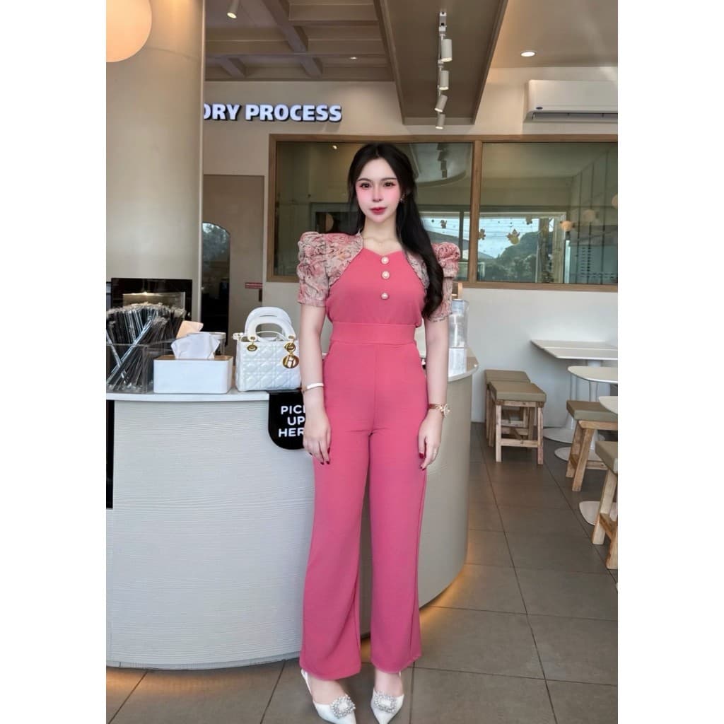 สินค้าพร้อส่ง ชุดเซตผ้าวูลเวฟ เสื้อคอระหงส์แขนแต่งผ้าทอแต่งย่นแต่งกระดุมมุก+กางเกง รูปที่ 4