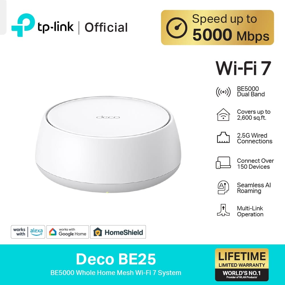 TP-Link Deco BE25 ไวไฟ7 BE5000 Whole Home Mesh Wi-Fi 7 System ใน 1 กล่องมี 1, 2 หรือ 3 เครื่อง (สามารถเลือกซื้อได้)