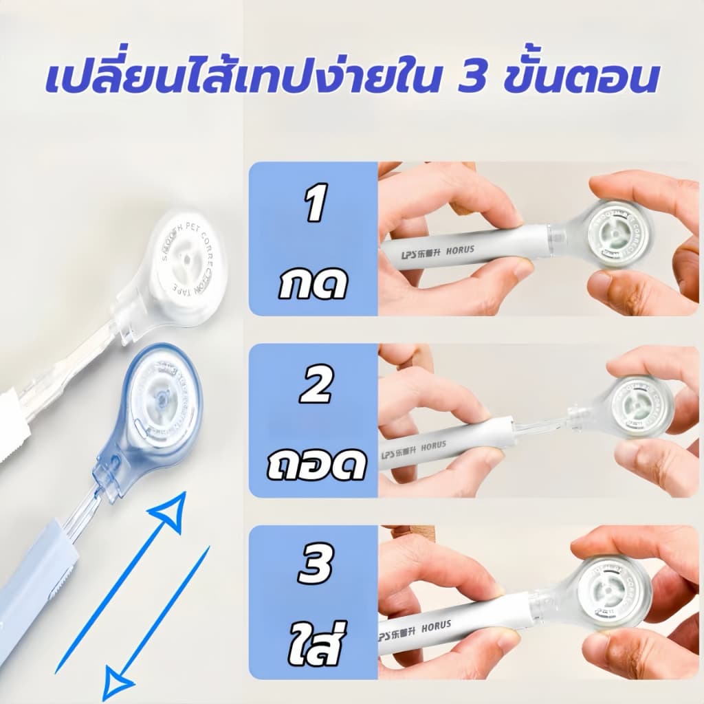เทปลบคำผิดรูปปากกา ไส้เทปPETแข็งแรง+เปลี่ยนไส้เองได้ง่าย! พร้อมช่องปรับความตึง ดีไซน์ปากซ่อนมิดชิด ไซส์5มม.×60ม. สีสันสด รูปที่ 5