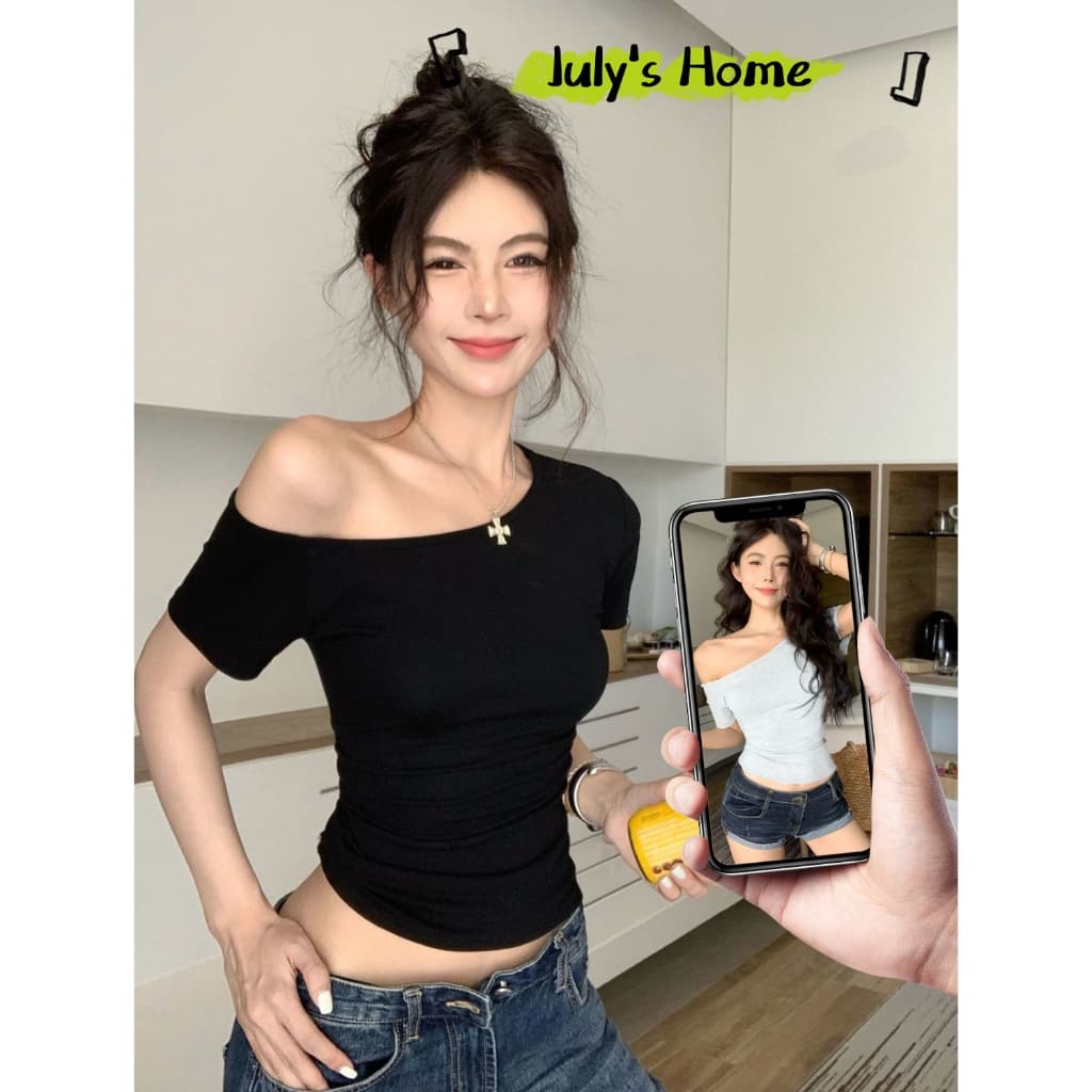 เสื้อยืดลำลอง เสื้อครอป เรียบง่าย โชว์หุ่น เซ็กซี่#J2303 รูปที่ 1