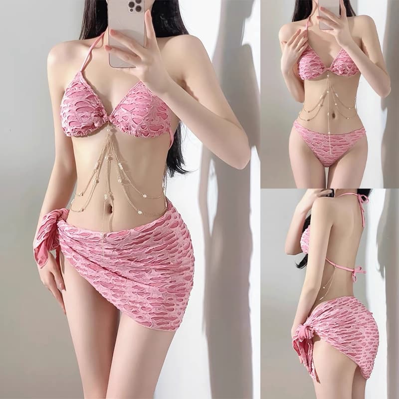 ชุดว่ายน้ําบิกินี่ ชุดว่ายน้ำเซ็กซี่ 3ชิ้น ประดับด้วยโซ่ แฟชั่นชุดว่ายน้ำชายหาด มีฟองน้ำ#LT รูปที่ 3