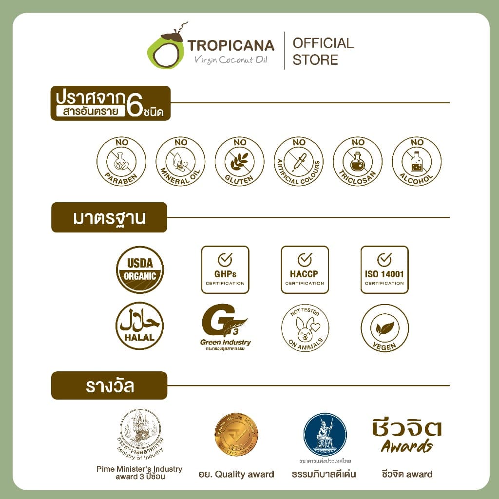 Tropicana | ทรอปิคานา น้ำมันมะพร้าวสกัดเย็นออร์แกนิก ใช้ได้ทั้ง "กิน หมัก ทา" มี อย. 500 ML รูปที่ 5