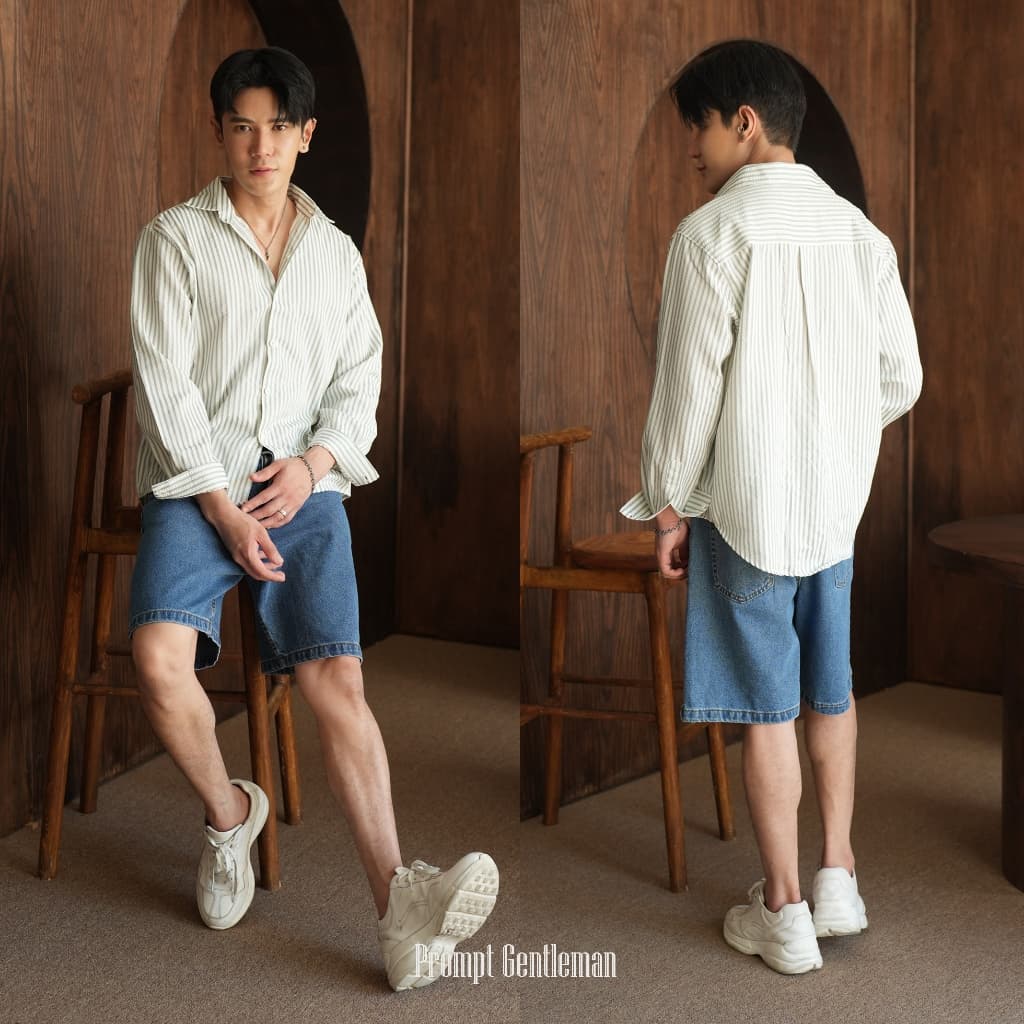 เสื้อเชิ้ตครอปชายโค้ง ลายริ้ว หน้าสั้นหลังยาว Unisex Prompt Semi Crop Stripe Shirt มีไซส์ 40/44/48" รูปที่ 3