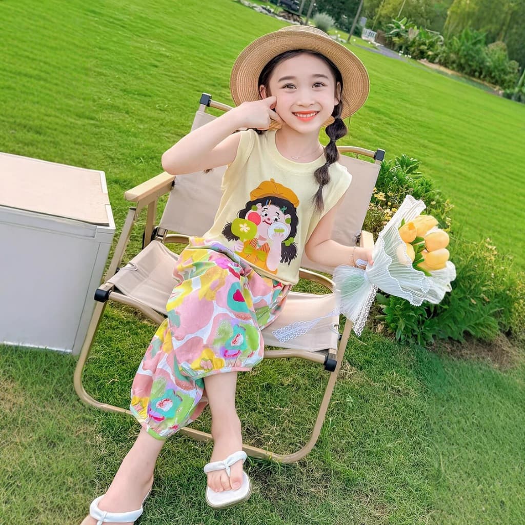 baby ชุดเช็ท เสื้อเเขนกุด+กางเกงลายดอกไม้ สีพาลเทลสุดน่ารัก สำหรับเด็กผู้หญิง เนื้้อผ้าใส่สบาย รูปที่ 7