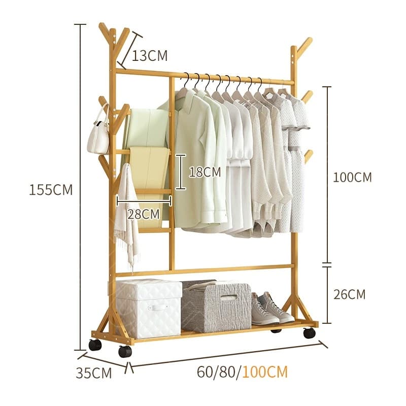 ไม้แขวนเสื้อเสาเดี่ยว ไม้แขวนเสื้ออเนกประสงค์ ล้อหมุน 360 องศา ทำจากไม้ไผ่ธรรมชาติ ไม้แขวนเสื้อไม้ไผ รูปที่ 4