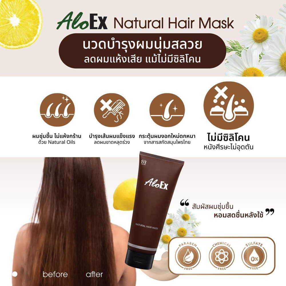 AloEx Hair Mask 200 g 2 หลอด ทรีทเม้นท์ผมนุ่ม ลดผมแห้งเสีย บำรุงหนังศีรษะ ลดผมร่วง กระตุ้นการงอกใหม่ Silicone Free! รูปที่ 3