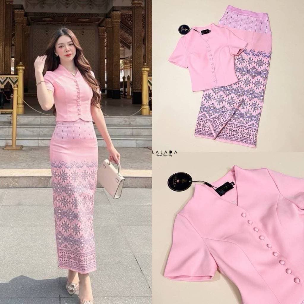 ร้านโค้ดคุ้ม Cherish ชุดไทย ฟ้า ชมพู ขาว เหลือง เสื้อคอวี ผ้าถุงสำเร็จ ใส่ออกงาน งานบุญ งานบวช รูปที่ 4