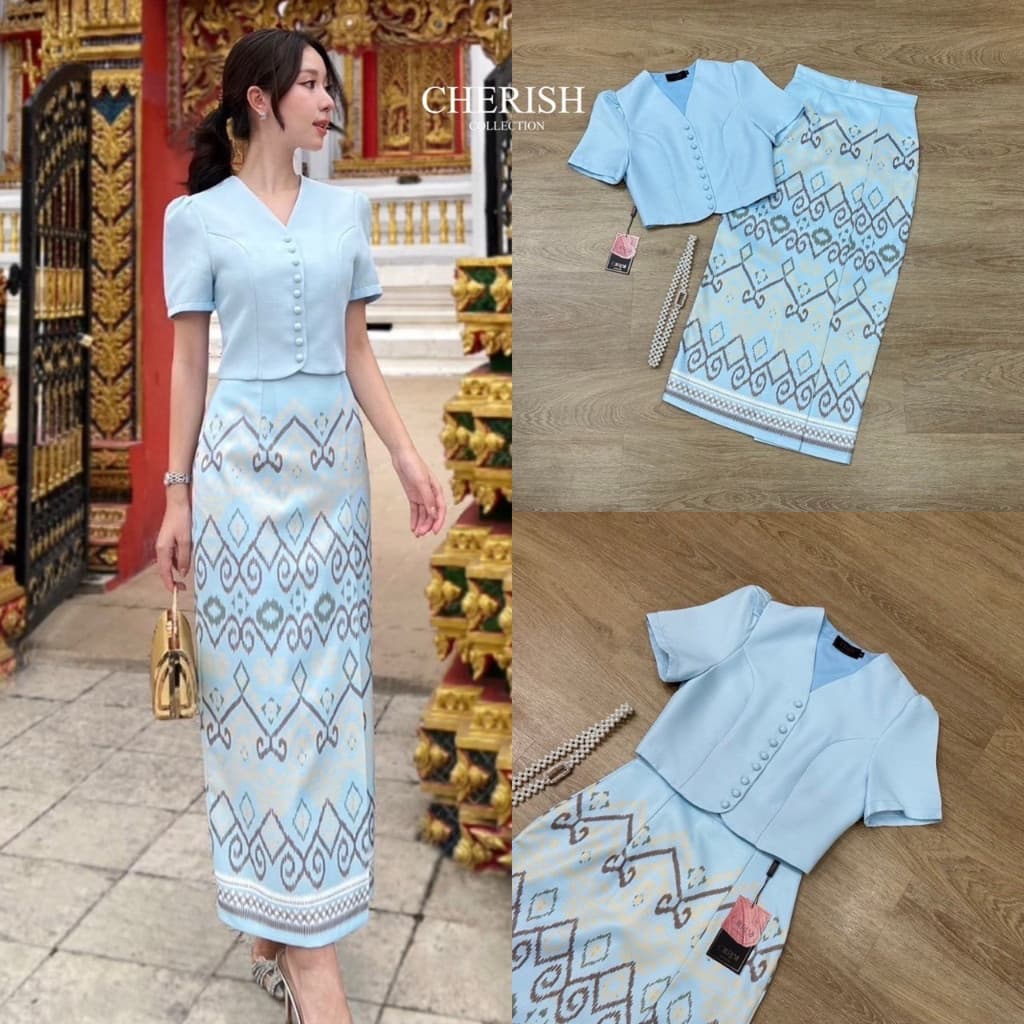 ร้านโค้ดคุ้ม Cherish ชุดไทย ฟ้า ชมพู ขาว เหลือง เสื้อคอวี ผ้าถุงสำเร็จ ใส่ออกงาน งานบุญ งานบวช รูปที่ 6