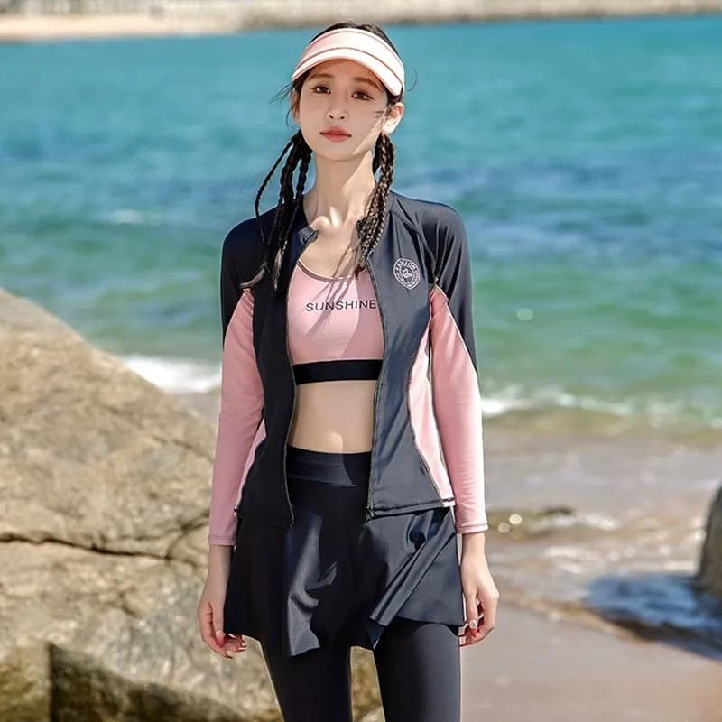 จากไทย ชุดว่ายน้ำแขนยาว ชุดดำน้ำ ขายาว กันuv ผ้าแห้งไว ชุด 4 ชิ้น ว่ายน้ำ beach#0498 รูปที่ 4