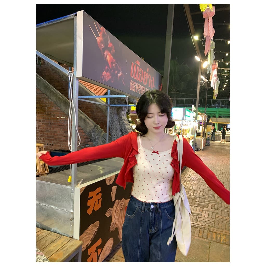 Cicishop Set 2 ชิ้น สายเดี่ยว+เสื้อคลุมลายน้องเชอร์รี่ สดใส ซุกซน ขี้เล่น สไตล์เกาหลี รูปที่ 3