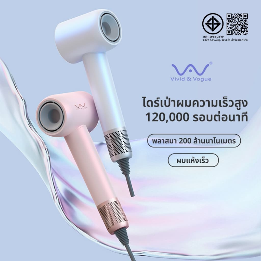 vivid&vogueไดร์เป่าผมรุ่น High Speed HairDryer 1600Wเป่าผมให้แห้งที่อุณหภูมิต่ำและความเร็วลมสูง เป่าแห้งเพียง 2นาที รูปที่ 1