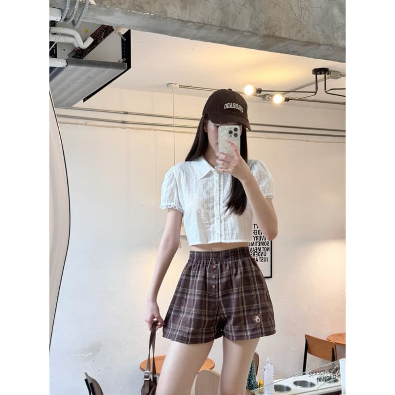 AceyAceyกางเกงขาสั้นกระดุมปักหัวใจผ้าลาย รูปที่ 9