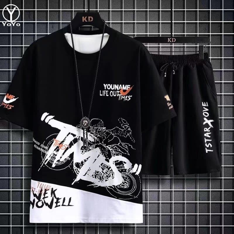 YOYO ชุดแฟชั่นชายเสื้อยืดแขนสั้น + กางเกงขาสั้น ผ้าแห้งเร็วหลวมชุดกีฬาและชุดพักผ่อน รุ่น2804 รูปที่ 3