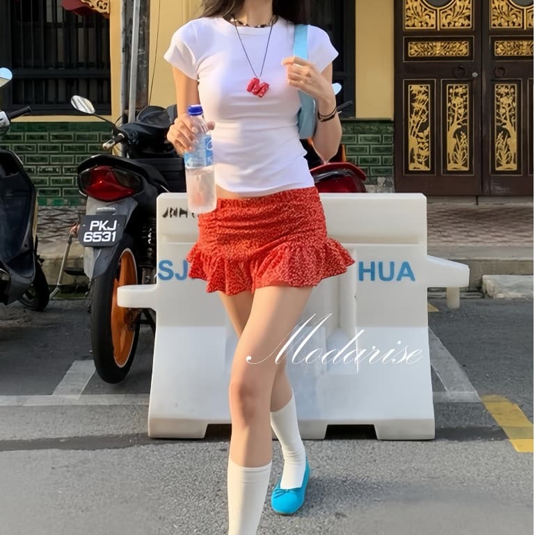 Modariseกระโปรงมินิชั้นเดียว A-line ของผู้หญิง Y2K กระโปรงกางเกง ลายดอกไม้เล็กๆ นัวเนีย /ชายระบาย รูปที่ 1