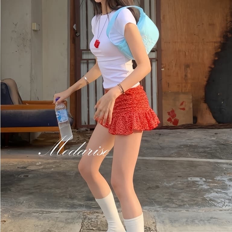 Modariseกระโปรงมินิชั้นเดียว A-line ของผู้หญิง Y2K กระโปรงกางเกง ลายดอกไม้เล็กๆ นัวเนีย /ชายระบาย รูปที่ 8