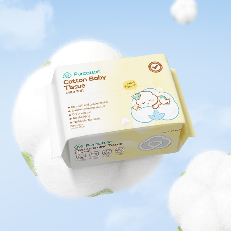 Purcotton Baby Tissue ทิชชูผ้าฝ้ายเด็ก 50กรัม บรรจุ 80แผ่น รูปที่ 2
