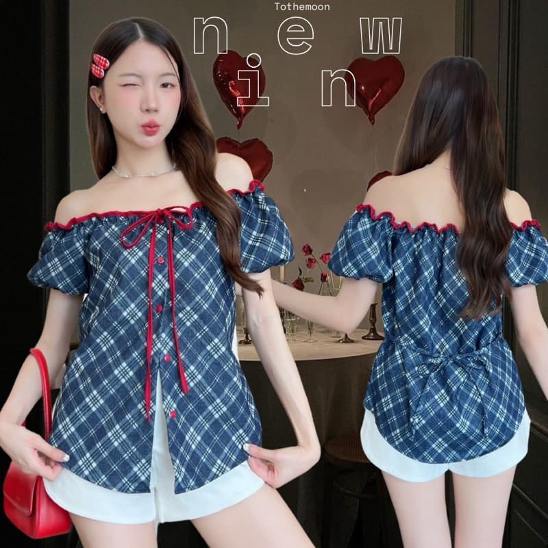 มีผูกหลังMamildya.shop เสื้อปาดไหล่ ผ้ายีนส์ตัดกระดุมแดง สวยมากๆ จะใส่ผ่าหน้านิดๆ/ S2-12/TOT-ปาดยีน รูปที่ 2