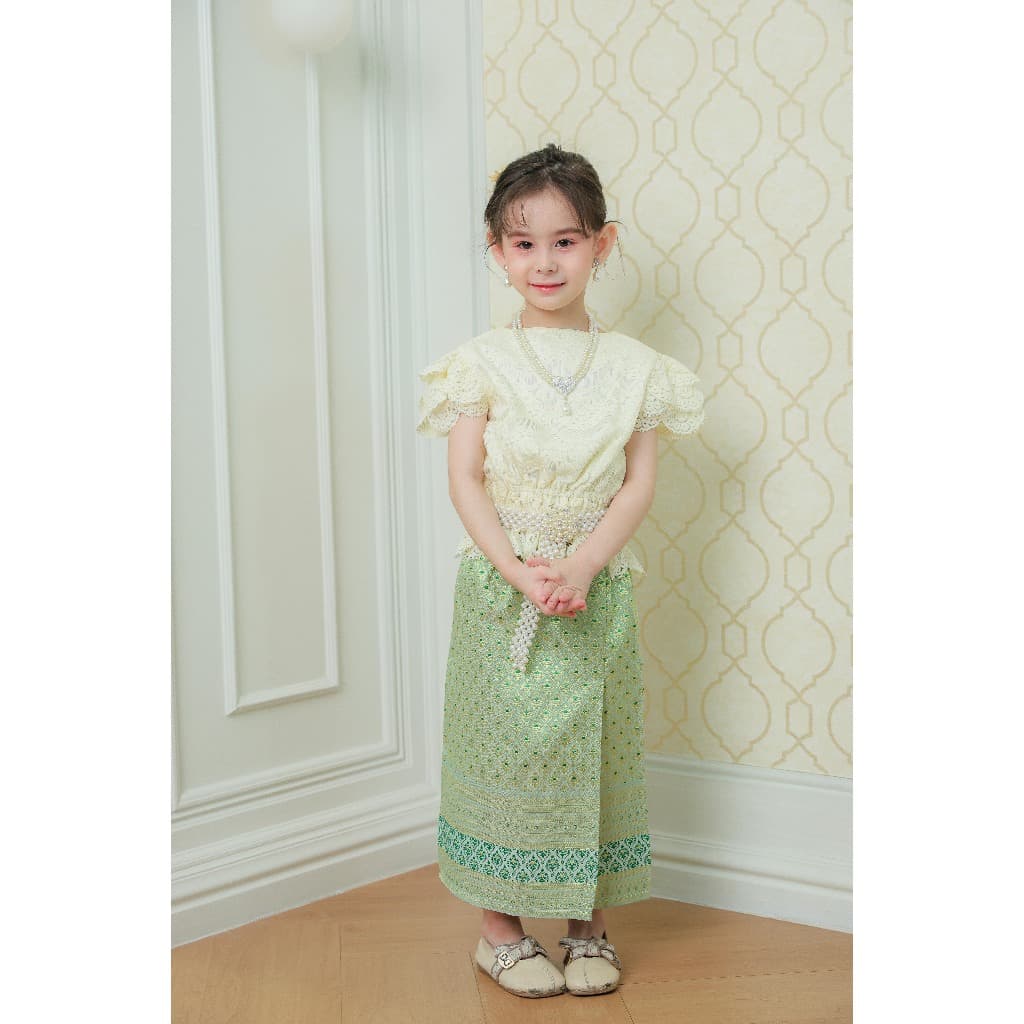 BS011 รุ่นหยกสยาม ชุดไทยเด็กผู้หญิง ประยุกต์ ออกงาน เสื้อลูกไม้มุก ลอยกระทง เด็กโต สีเขียวชมพู รูปที่ 5