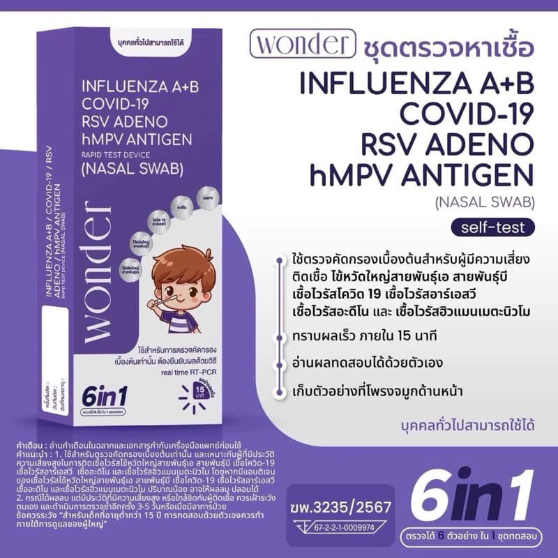 ชุดตรวจเด็กและผู้ใหญ่ 6 เชื้อ ไข้หวัด A，B ，RSV, Covid-19 อะดิโน hMPV ชุดตรวจวันเดอร์ ATK wonder home use รูปที่ 5