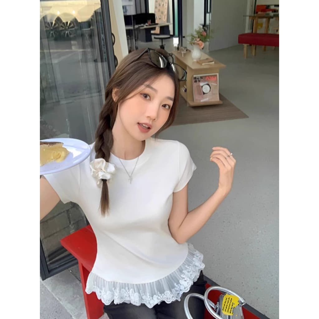 UMISO 100%cotton เสื้อยืดแขนสั้น เสื้อลูกไม้ คอกลมลายลูกไม้สีขาวสำหรับผู้หญิง รูปที่ 6