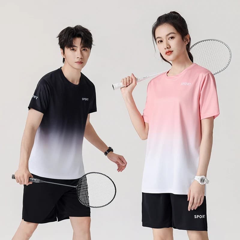 ชุดสีไล่ระดับสี ชุดสองชิ้น แขนสั้น+กางเกงขาสั้น กระเป๋าด้านข้าง กีฬา ออกกำลังกาย รูปที่ 3