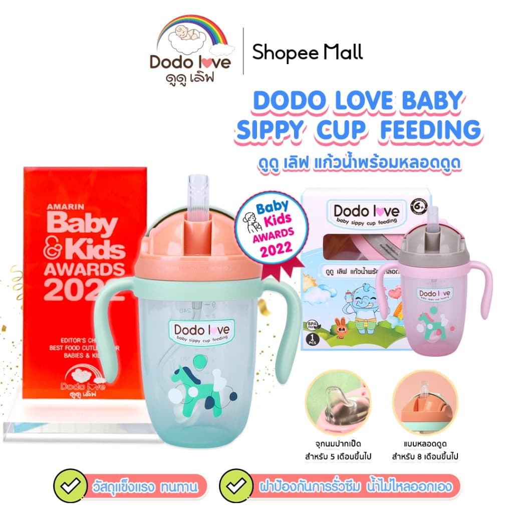 DODOLOVE แก้วน้ำพร้อมหลอดดูด แก้วน้ำ แก้วน้ำสำหรับเด็ก กันสำลัก 300ML. รูปที่ 1