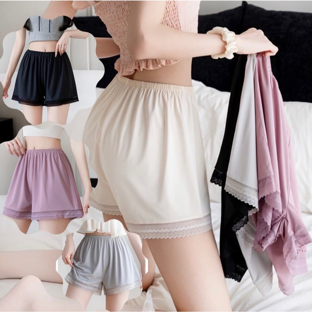 C10 กางเกงขาสั้น M-4XL ขอบขาลูกไม้ ซับใน ใส่นอน ผ้านิ่มสีพื้นใส่สบาย เอวยืดหยุนดี กางเกงไซส์ใหญ่ กางเกงคนอวบ รูปที่ 1